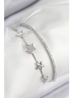 Youday Accessories Pirinç Zirkon Taşlı Yıldız Model Gümüş Renk Kadın Bileklik