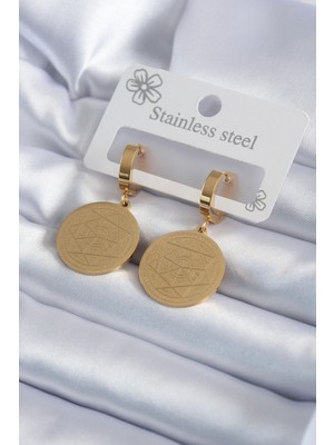 Youday Accessories 316L Çelik Gold Renk Pentagram Yıldızı Işleme Model Kadın Küpe