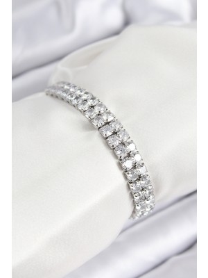 Youday Accessories Pirinç Zirkon Taşlı Çift Sıra Kare Model Gümüş Renk Asansörlü Kadın Bileklik