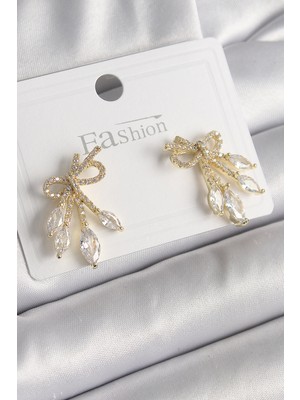 Youday Accessories Pirinç Gold Renk Zirkon Taşlı Düğüm Model Damla Zirkon Taşlı Kadın Küpe