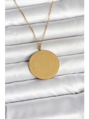 316L Çelik Gold Renk Ayetel Kürsi ve Allah Yazılı Kolye - Lisinya