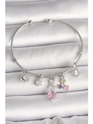 Youday Accessories Pirinç Gümüş Renk Sallantı Zirkon Taşlı Kalp Figür Charm Kadın Bileklik
