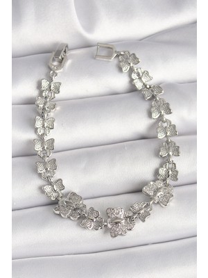 Youday Accessories Pirinç Gümüş Renk Zirkon Taşlı Kelebek Model Zincir Kadın Bileklik