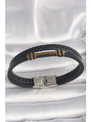 Youday Accessories 316L Çelik Gold Renk Zikzak Işlemeli Aksesuarlı Çift Sıra Burgu Desenli Deri Kordon Erkek Bileklik