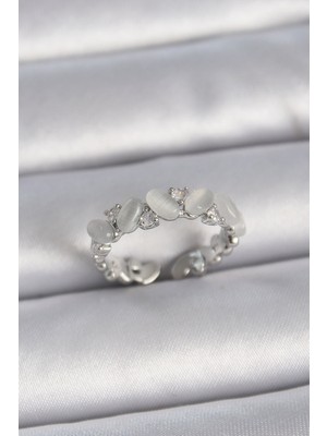 Youday Accessories Pirinç Gümüş Renk Ayarlanabilir Zirkon Taşlı Beyaz Mineli Model Kadın Yüzük