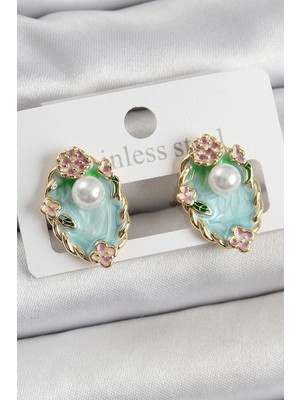 Youday Accessories Pirinç Yeşil Mineli Inci Detaylı Sanatsal Portre Model Gold Renk Kadın Küpe