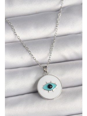 Youday Accessories 316L Çelik Gümüş Renk Zincir Beyaz Mineli Turkuaz Göz Işleme Model Kadın Kolye