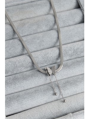 Youday Accessories 316L Çelik Gümüş Renk Italyan Zincir Model Simli Kelebek Figür Kadın Kolye