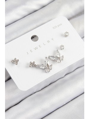 Youday Accessories Pirinç Zirkon Taşlı Kelebek Model Gümüş Renk 925 Ayar Gümüş Çivi Kadın Küpe Set
