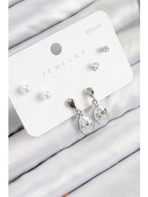 Youday Accessories Pirinç Zirkon Taşlı Sallantılı Damla Model Gümüş Renk 925 Ayar Gümüş Çivi Kadın Küpe Set