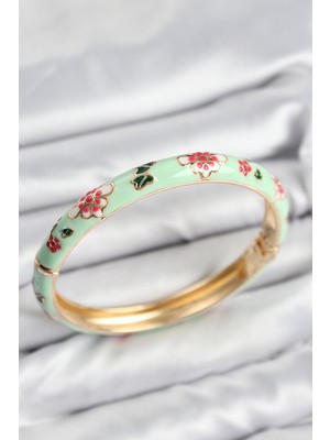 Youday Accessories Mineli Pirinç Su Yeşili Çiçek Motifli Gold Kadın Kelepçe
