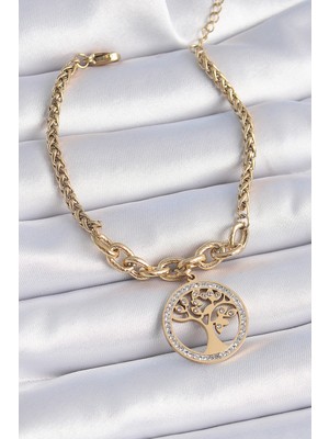 Youday Accessories 316L Çelik Gold Renk Zirkon Taşlı Yaşam Ağacı Figür Kadın Bileklik