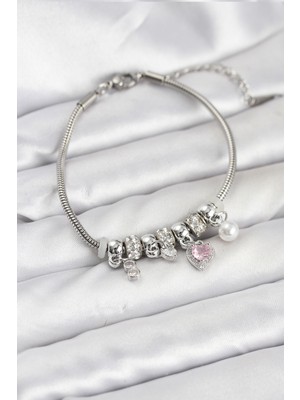 Youday Accessories Pirinç Gümüş Renk Pembe Kalp Charmlı Kadın Bileklik
