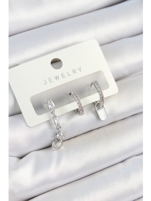 Youday Accessories Pirinç Zirkon Taşlı Sallantılı Model Gümüş Renk 3'LÜ Çift Kadın Küpe Set