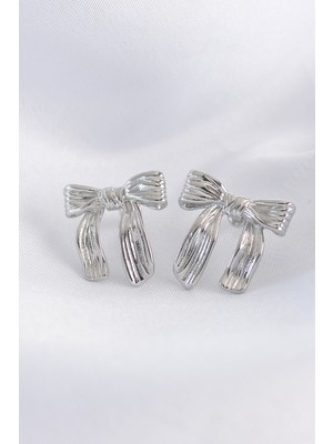 Youday Accessories Pirinç Gümüş Renk Çizgi Detay Fiyonk Küpe