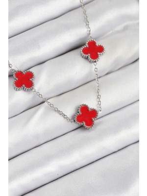 Youday Accessories 316L Çelik Zincir Gümüş Kırmızı Renk Yonca Kadın Kolye