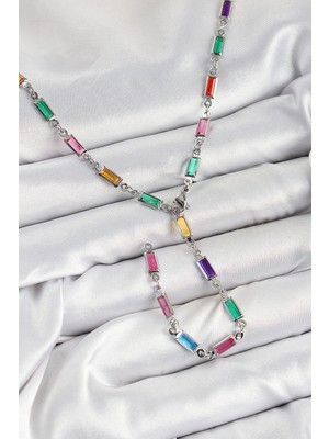 Youday Accessories Pirinç Renkli Zirkon Taşlı Dikdörtgen Model Gümüş Renk Kadın Y Kolye