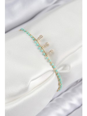 Youday Accessories Pirinç Zirkon Taşlı Mavi Boncuklu Model Gold Renk Kadın Bileklik