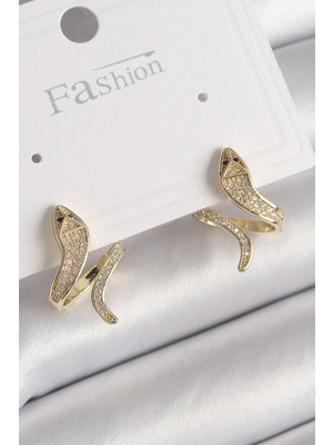 Youday Accessories Pirinç Gold Renk Zirkon Taşlı Yılan Model Kadın Küpe