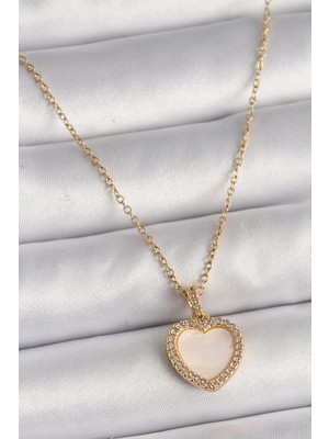 Youday Accessories 316L Çelik Gold Renk Zincir Zirkon Taşlı Beyaz Mineli Kalp Model Kadın Kolye