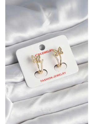 isiltikidsmoda Pirinç Gold Renk Zirkon Taşlı Kelebek Model Kadın Küpe