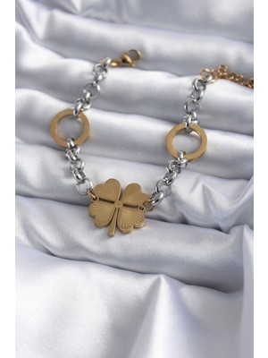 Youday Accessories 316L Çelik Mix Renk Zincir Model Yonca Figür Kadın Bileklik