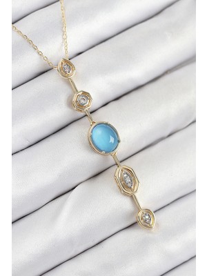 Youday Accessories Pirinç Zincir Mavi Gold Renk Zirkon Taşlı Y Kolye