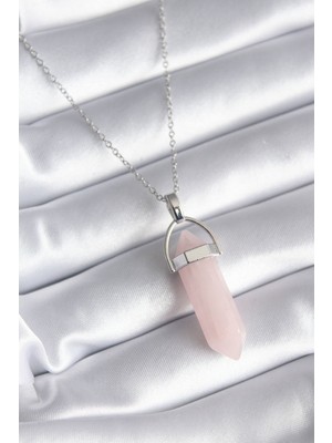 Youday Accessories 316L Çelik Gümüş Renk Pembe Taşlı Kadın Kolye