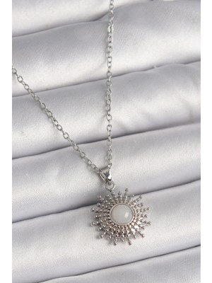 Youday Accessories 316L Çelik Gümüş Renk Zincir Beyaz Mineli Güneş Model Kadın Kolye