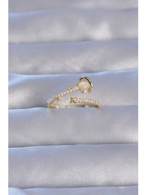 Youday Accessories Pirinç Gold Renk Zirkon Taşlı Incili Satürn Model Ayarlanabilir Yüzük