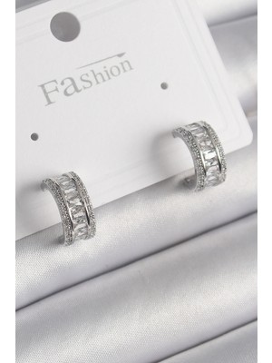 Youday Accessories Pirinç Gümüş Renk Zirkon Taşlı Halka Model Kadın Küpe