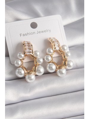 Youday Accessories Pirinç Gold Renk Zirkon Taşlı Su Yolu Incili Halka Model Kadın Küpe