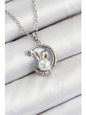 Youday Accessories 316L Çelik Inci Detaylı Hilal Tavşan Model Gümüş Renk Kadın Kolye