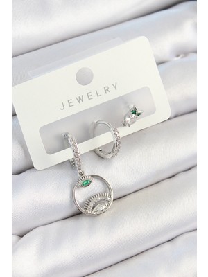 Youday Accessories Pirinç Zirkon Taşlı Göz ve Baykuş Model Gümüş Renk 3'LÜ Çift Kadın Küpe Set