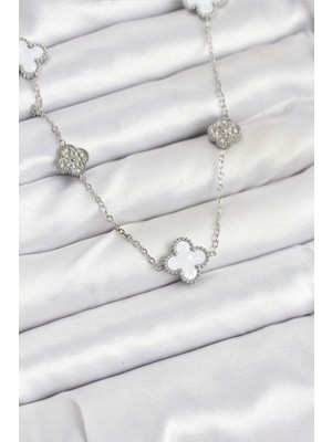 Youday Accessories 316L Çelik Zincir Gümüş Renk Beyaz ve Zirkon Taşlı Yonca Kadın Kolye