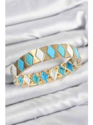 Youday Accessories Pirinç Baklava Desenli Mavi Beyaz Gold Renk Lastikli Kadın Bileklik