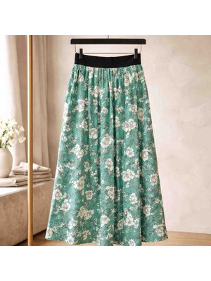 BBS Kız Çocuk Turkuaz Çiçek Desenli Beli Lastikli Astarsız Etek