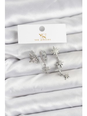 isiltikidsmoda Pirinç Gümüş Renk Zirkon Taşlı Kutup Yıldızı Model Ysx Trio Küpe Seti