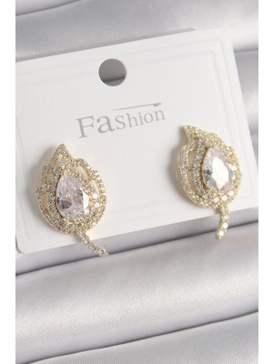 Youday Accessories Pirinç Gold Renk Zirkon Taşlı Yaprak Model Kadın Küpe