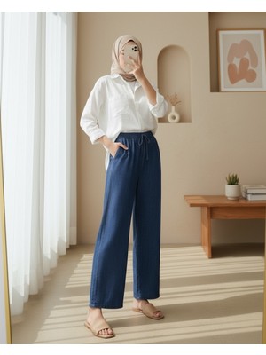 Moda Morfo Bol Paça Beli Lastikli Bağcık Detaylı Kot Pantolon  -Koyu Mavi