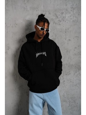 Pileli Store Baskılı Kapüşonlu ve Kanguru Cepli Sweat - Siyah -