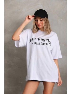 Pileli Store Baskılı Oversize T-Shirt - Beyaz -