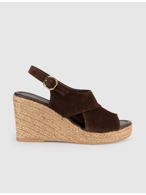 Cabani Kahverengi Hakiki Deri Hasır Taban Kadın Dolgu Topuk Sandalet
