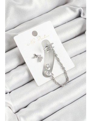 Youday Accessories Pirinç Kelebek Figürlü Zirkon Taşlı Gümüş Renk 3'LÜ Kıkırdak Kadın Küpe Set