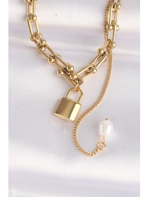 Youday Accessories 316L Çelik Zincir Altın Renk Zincirli Love Yazılı Kilit Kolye