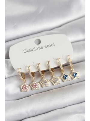 Youday Accessories 316L Çelik Zirkon Taşlı Yıldız Form 6'LI Set Kadın Küpe