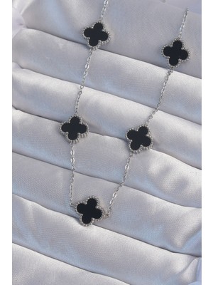 Youday Accessories 316L Çelik Gümüş Renk Siyah Mineli Yonca Kolye