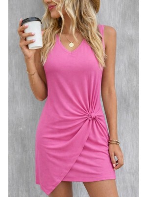 Livizmir Moda Kadın Askılı V Yakalı Yandan Asimetrik Detaylı Kısa Viskon Elbise