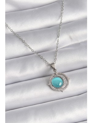 Youday Accessories 316L Çelik Gümüş Renk Mavi Sedefli Hilal Model Kadın Kolye