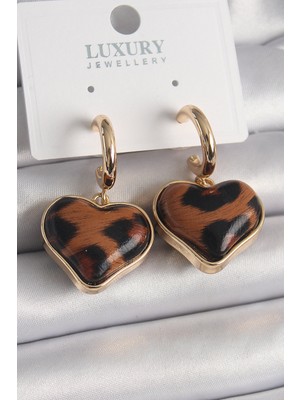 Youday Accessories Pirinç Gold Renk 3D Kalp Leopar Desen Model Kadın Küpe